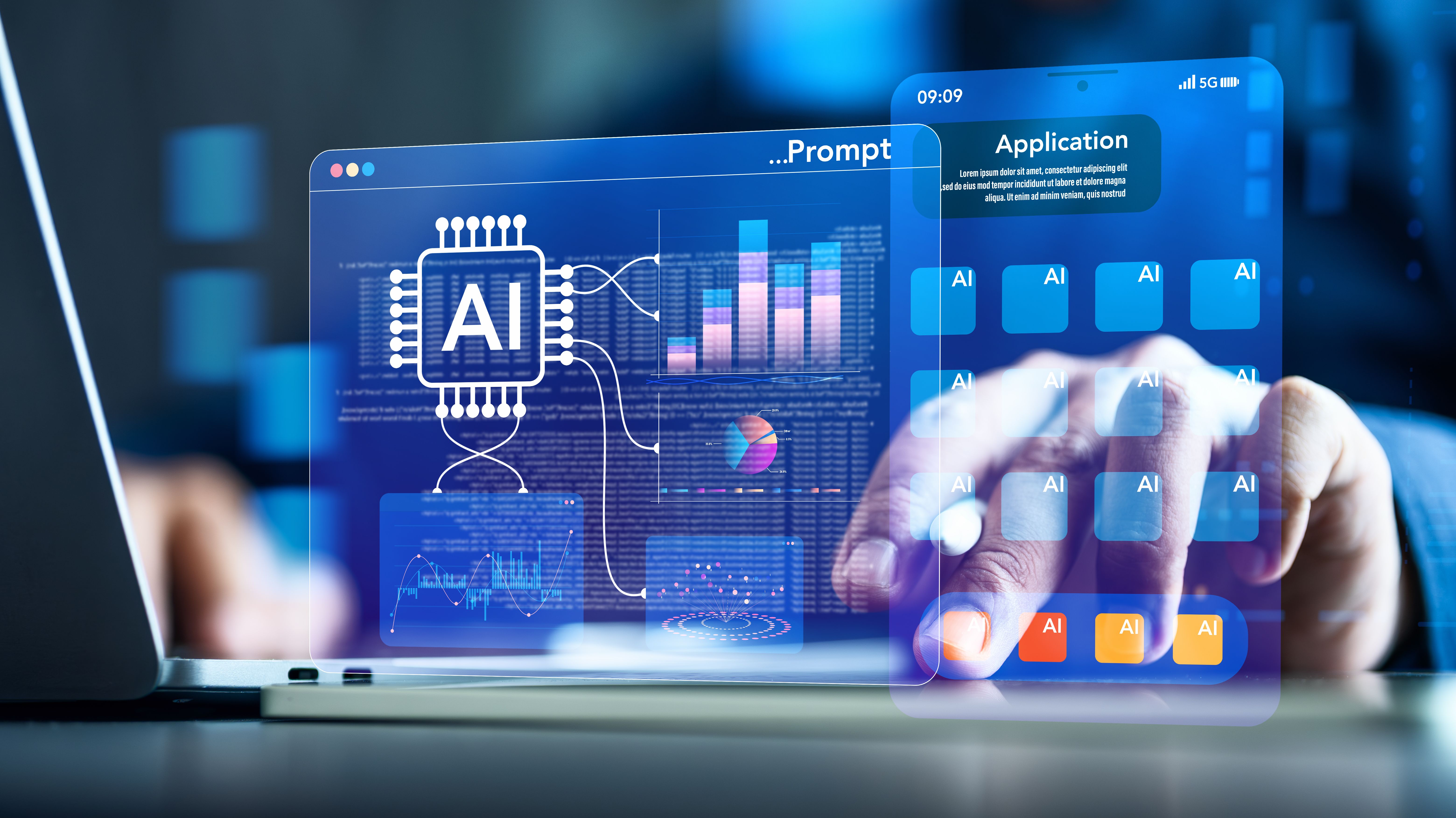 AI-powered software interface with real-time data and application previews