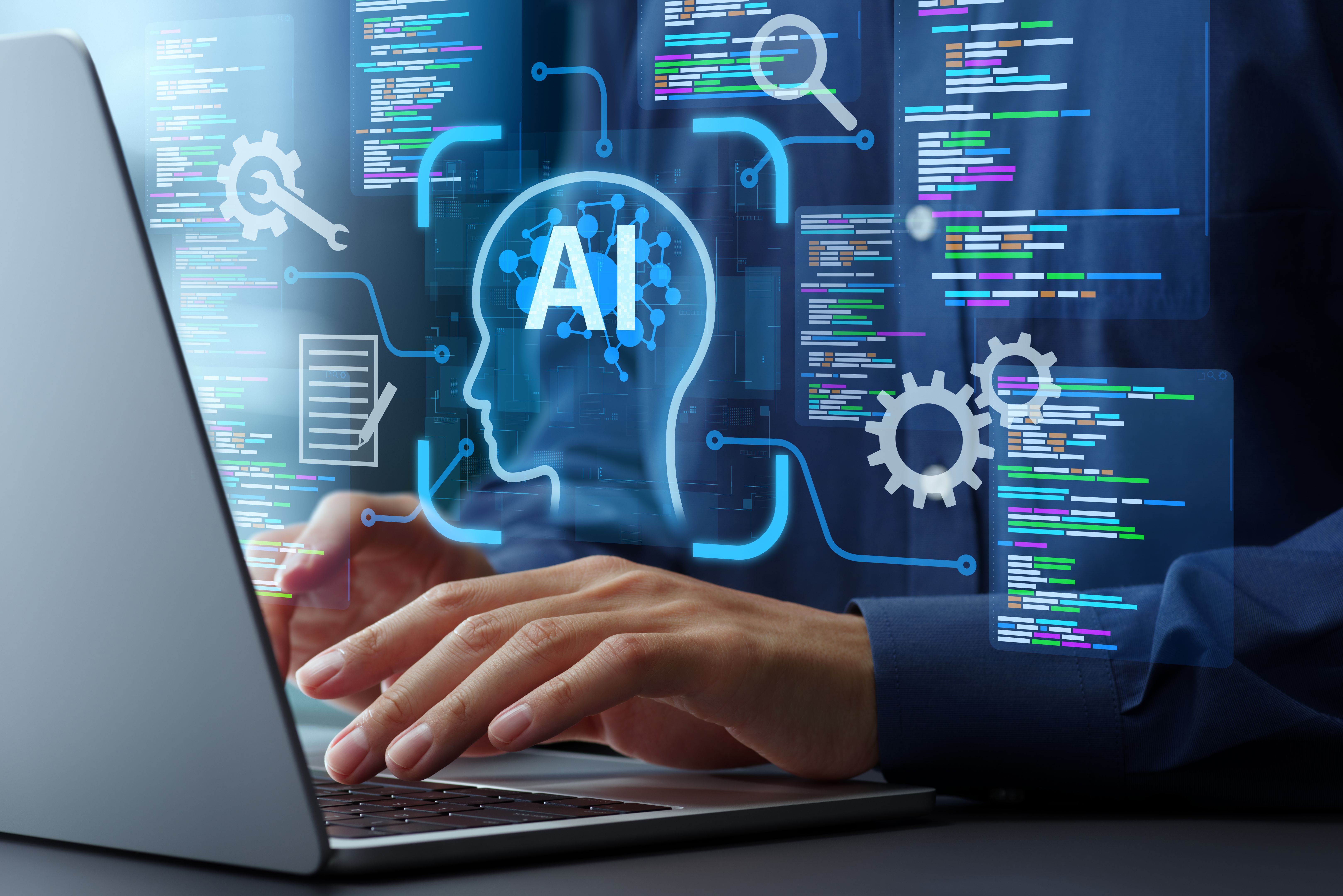 Developer working with AI-assisted code and analytics overlays
